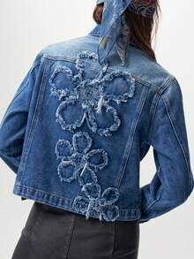 Bohemela Casual 70s Retro Streetwear 90s Solid Color Woven Denim Fitted Women's Jacket Everyday Going Out Birthday Blue Autumn - Blue - View 3