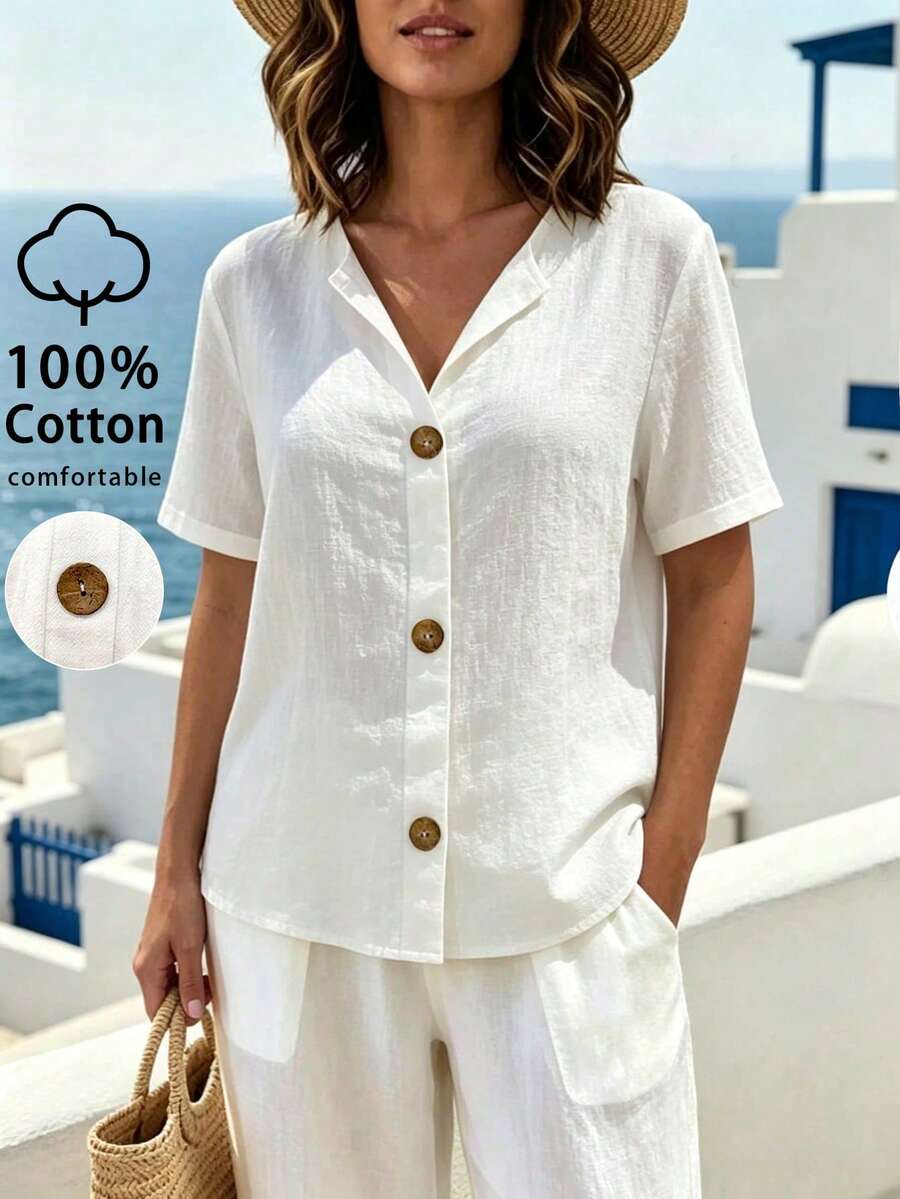 SHEIN LUNE CURVE Plus Size Women's 100% Cotton V-Neck Shirt,Short Sleeve Coconut Button White Summer Silky Smart Casual Vacation Holiday Open-Front Linen Style Top - White - View 1
