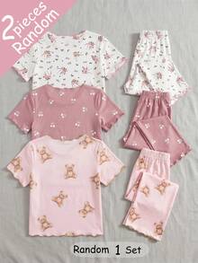 SHEIN 【随机3套，寄送1套】女童睡衣，甜美樱桃、泰迪熊、碎花波浪下摆圆领短袖上衣和长裤两件套睡衣套装，春夏四季皆宜 - 彩色 - 查看 2