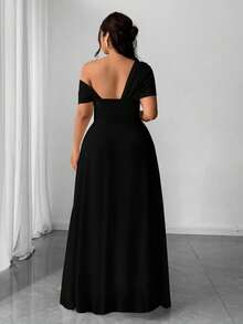 SHEIN PETITE CURVE 大码女式优雅浪漫婚礼宾客礼服，轻盈正式礼服，雪纺单肩开衩连衣裙 - 黑色 - 查看 2