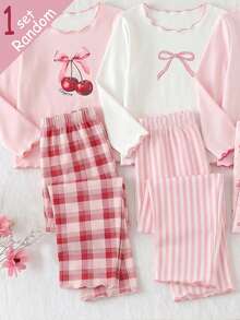 [Randomly Sent 1 Set]Baby Girl Spring/Autumn New Bowknot, Cherry, Striped Combination Print Knit Wavy Colorblock Ruffle Trim Long Sleeve Long Pants 2-Piece Set Loungewear 1Sets - Multicolor - View 3