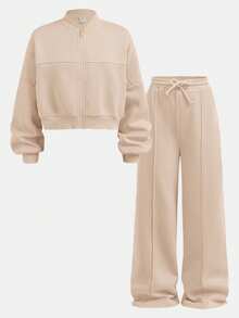 SHEIN 青少年女孩秋季兩件套長袖連帽衫 + 寬腿運動長褲休閒套裝，適合日常穿著與街頭穿搭，舒適 - 棕色 - 查看 3