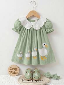 Cozy Pixies Baby Girl Floral Print Peter Pan Collar Puff Sleeve Dress - Mint Green - View 10