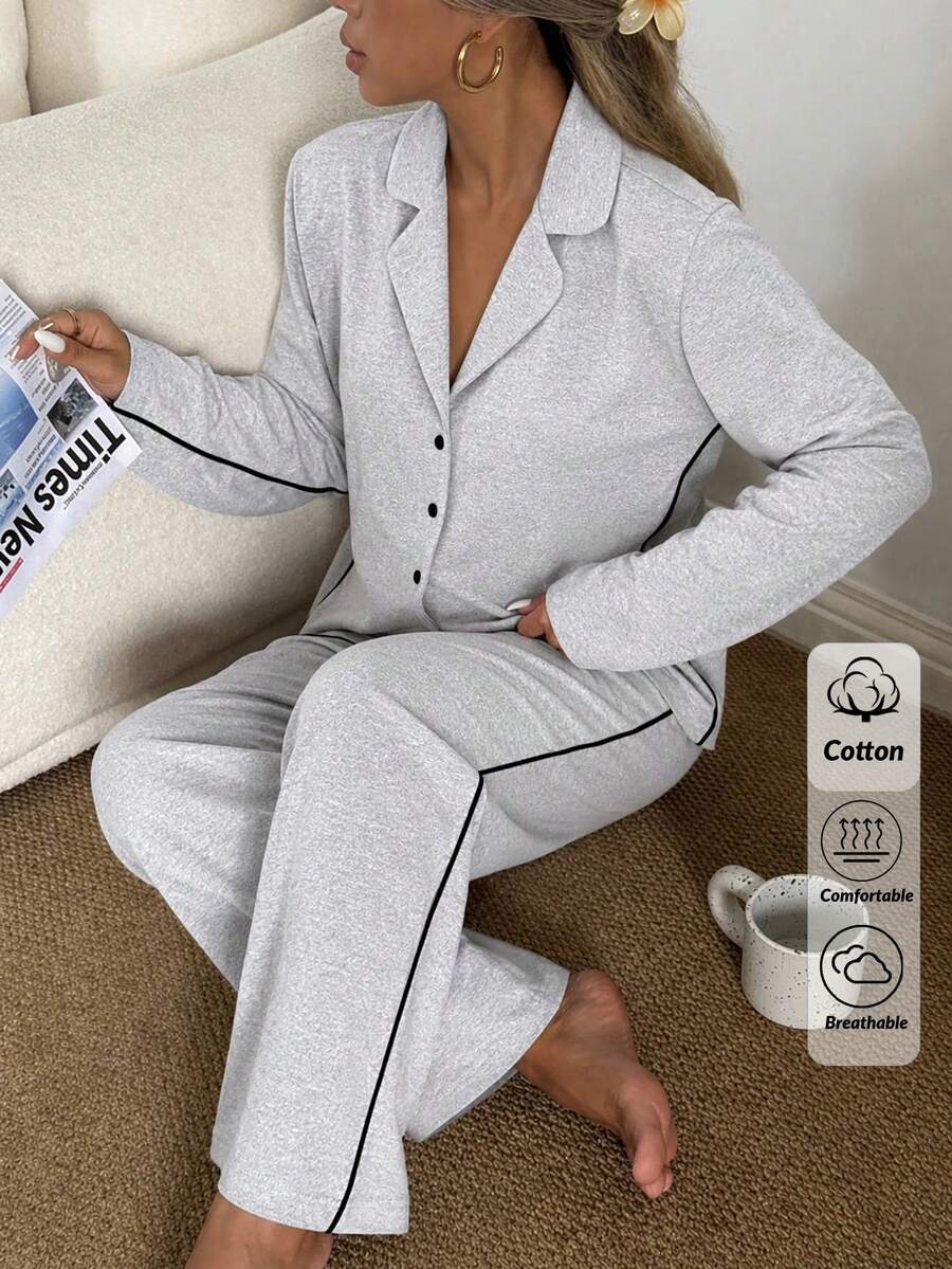 SHEIN Grey Button Front Contrast Side Stripe Casual Pajama Set - Grey - View 1