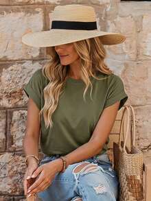 EMERY ROSE Camiseta casual de mujer de verano con cuello redondo y mangas murciélago de unicolor - Verde militar - Ver 1