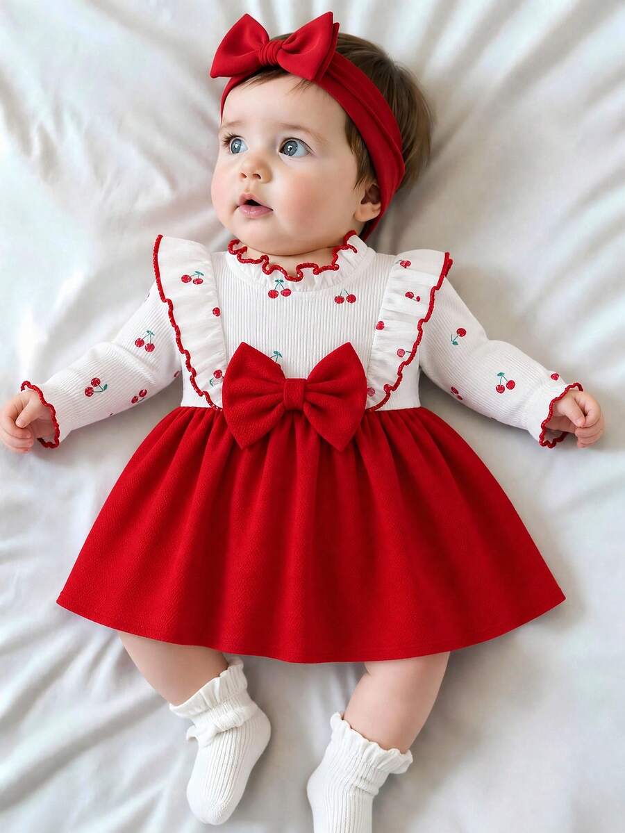 SHEIN Playful Pals Newborn Girls Knitted Ribbed White Ruffle Lace Large Trim Patchwork Waist-Cinched Textured Fabric Dress, Sweet Cute Casual Spring Dress For Kids - Red - View 1