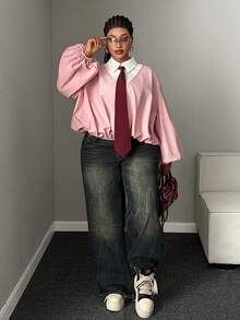 Mawevolt Plus Size Long Sleeve Preppy Sweet Elegant Commute Office Shopping Blouse - Pink - View 3