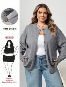 SHEIN CURVE+ 素色休閒寬鬆柔軟優雅版型長袖大尺碼針織開襟衫，秋季辦公正式居家約會商務灰色冬季款 - 深灰色 - 查看 1