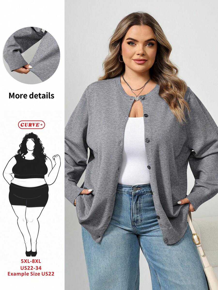 SHEIN CURVE+ 素色休閒寬鬆柔軟優雅版型長袖大尺碼針織開襟衫,秋季辦公正式居家約會商務灰色冬季款 - 深灰色 - 查看 1