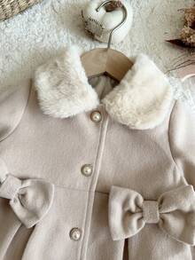 SHEIN Baby Girl Woven Solid Color Plush Turn-Down Collar 3D Bow Casual Woolen Autumn Winter - Apricot - View 7