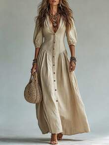 Glimmora Plus Size Women's Fashion Retro Solid Color Single-Breasted Mid-Sleeve Deep V-Neck Long Dress - Apricot - View 3