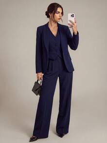 SHEIN Tall 3 Pieces Set: Navy Blue Long Sleeve Blazer, Vest And Trousers, Sexy Outfit For Commuting And Dating, Autumn/Winter - Navy Blue - View 2