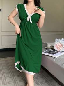 SHEIN 女款深V領蝴蝶結睡裙 - 墨綠色 - 查看 5