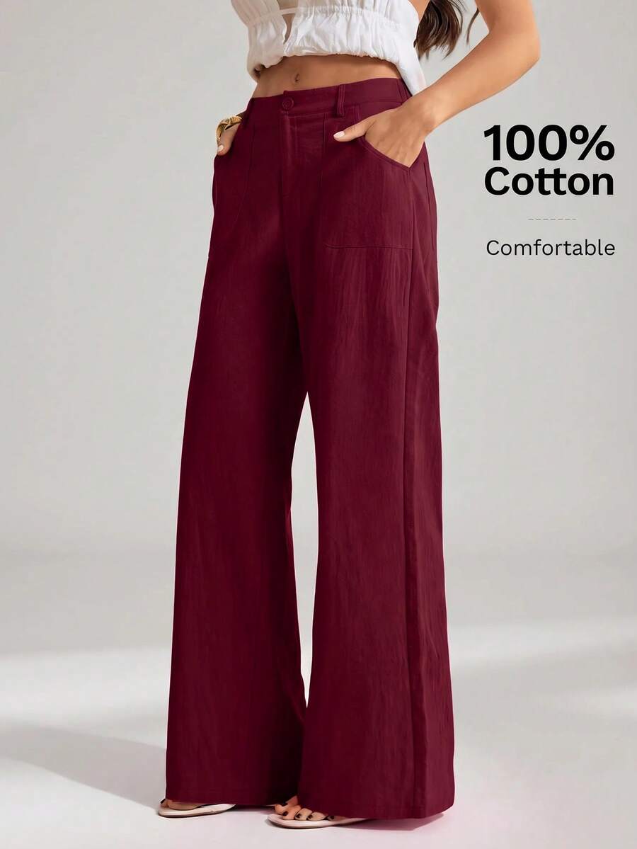 SHEIN Tall 100%水洗棉低腰直筒長褲 - 酒紅色 - 查看 1