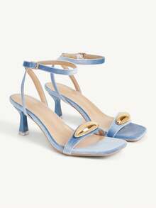 CUCCOO CHICEST Rear Crossed Strap Metal Accessories Open-Toed Square Toe Stiletto Fashion Commuter Blue Suede Ladies High Heel Sandals Dating Vacation - Blue 1 - View 1