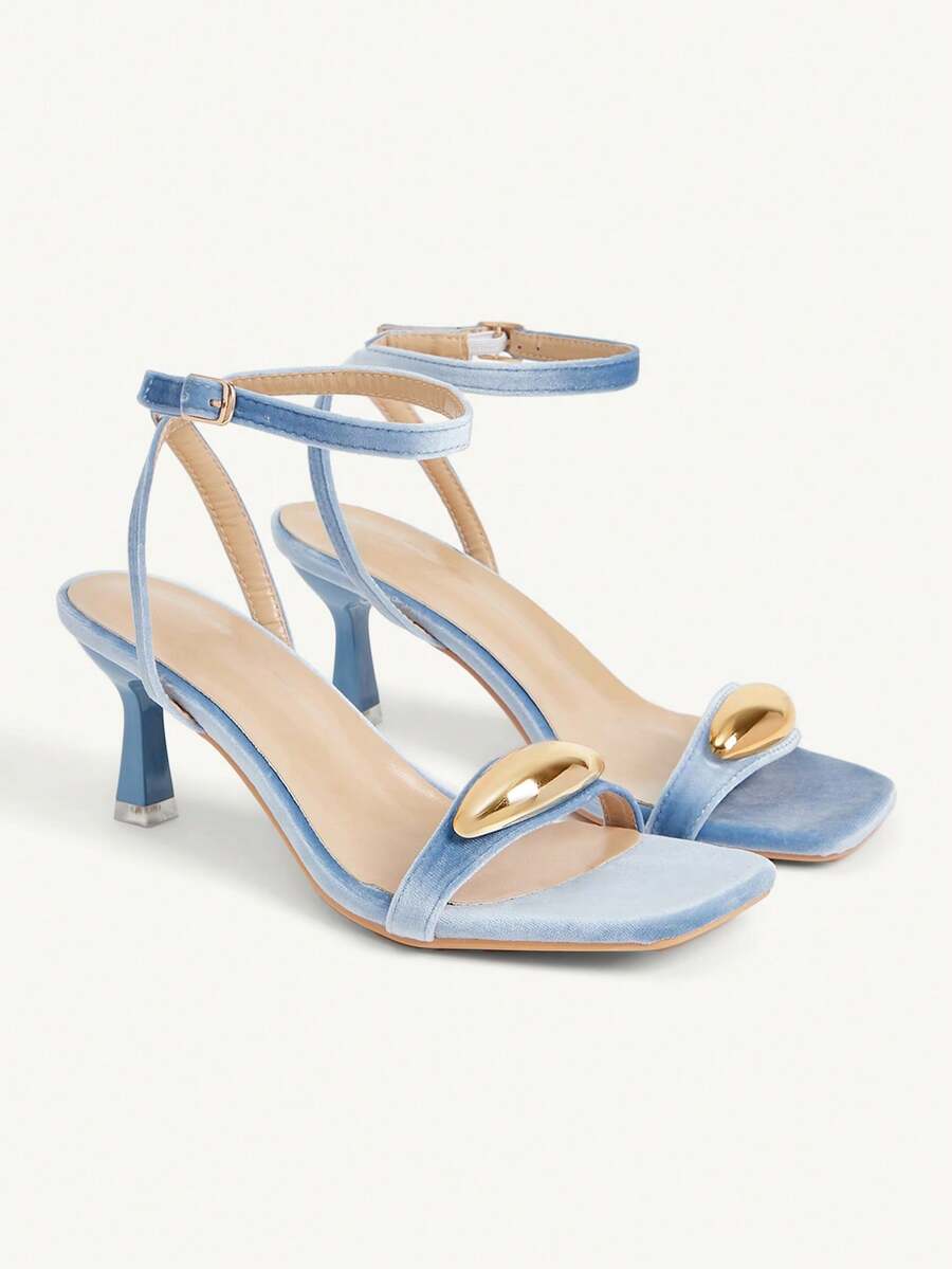 CUCCOO CHICEST Rear Crossed Strap Metal Accessories Open-Toed Square Toe Stiletto Fashion Commuter Blue Suede Ladies High Heel Sandals Dating Vacation - Blue 1 - View 1