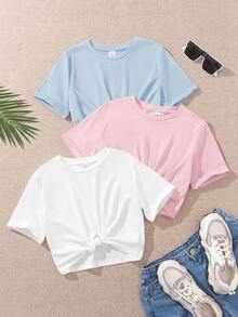 Emery Rose Kids Emery Rose Kids 3pcs/Set Tween Girls' Solid Color Round Neck Fitted Cropped Twist Knit Casual T-Shirts - Multicolor - View 3