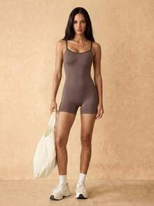 Silquee Contrast Trim Fitted Camisole Sports Athleisure Basic Romper Spandex Shapewear Date Night Gym Party Festival Victoria Secret - Khaki - View 6