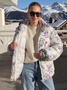 DAZY Women's Floral Print Long Sleeve Zipper Front Loose Winter Jacket - White - View 6