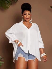 SHEIN CURVE+ Plus Size Elegant Casual Loose White Silky Blouse, Sommar Smart Women's Shirt With Lantern Sleeve Turndown Collar, Simple Vacation Business Summer - White - View 4