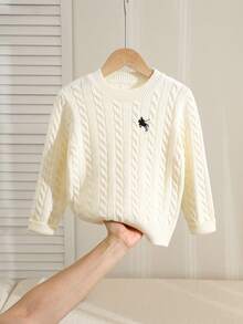 PrepCrw Kids Young Boy Knit Solid Color Cable Knit Crew Neck Casual Autumn Winter Sweater, Classic Stripes, Small Horse Logo - Beige - View 6