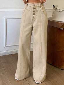 Livesso High Waist Button Placket Beige Apricot Contrast Stitch Straight Leg Loose Wide Leg Casual Women's Jeans Fall - White - View 5