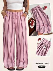 Comfortcana Spring/Summer Vacation Style Linen Casual Plus Size Women's Striped Waist Tie Pants - Baby Pink - View 1