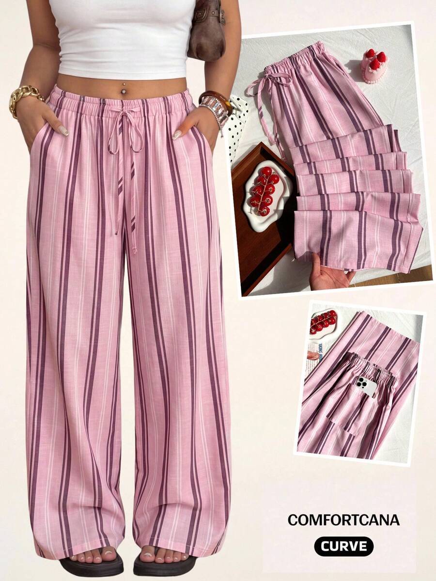 Comfortcana Spring/Summer Vacation Style Linen Casual Plus Size Women's Striped Waist Tie Pants - Baby Pink - View 1