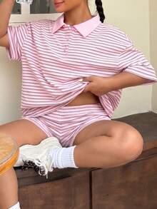 Muchica 大尺碼夏季休閒條紋T恤與短褲兩件套 - 彩色 - 查看 3