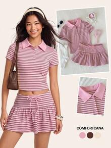 Comfortcana 女士休闲条纹短袖T恤和迷你裙两件套，夏季 - 粉色 - 查看 4