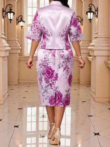 Fleurora Plus Size Elegant Party Floral Print Jacket & Dress 2-Piece Set Purple Sets Fall Clothes Elegant Women's Set Church Outfits For Women Floral Dress - Mauve Purple - View 2