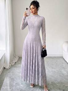 Modelyn 酒紅色設計半高領收腰顯瘦蕾絲女裝洋裝 - 紫色 - 查看 5