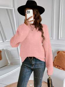 SHEIN 【5%羊毛含量】女款秋冬新款升級版粉色圓領寬鬆極簡落肩羊毛混紡針織毛衣，適合度假、休閒、百搭、通勤 - 淺粉色 - 查看 6