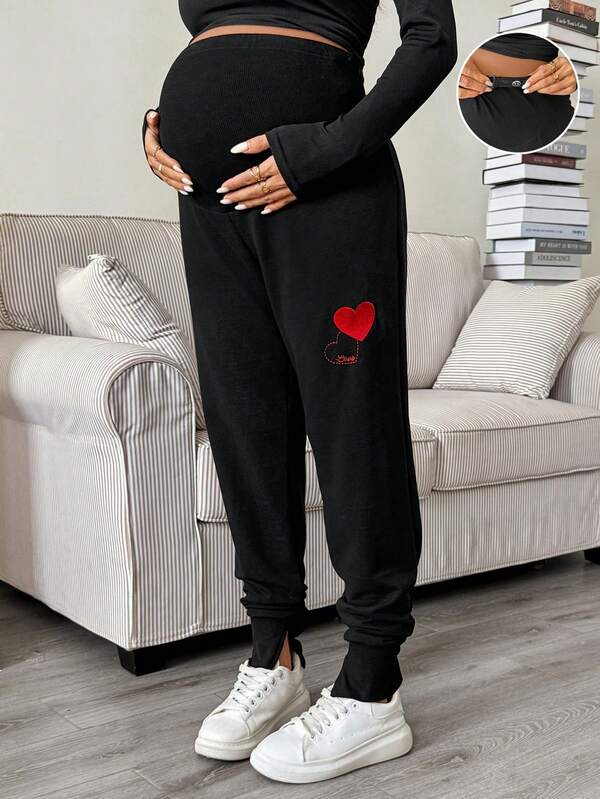 SHEIN Pantalon long de maternité à motif cœur, taille ajustable, décontracté pour le port quotidien