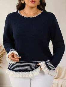 EMERY ROSE Plus Size Jacquard Lace Patchwork Pullover Sweater For Vacation Winter - Royal Blue - View 4