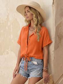 SHEIN Holidaya Ladies' Summer Solid Color Casual Loose Single Button Shirt - Orange - View 1