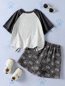 SHEIN | PAW Patrol Young Boy Colorblock Patchwork Cartoon Print T-Shirt And Shorts Set - Black - View 2