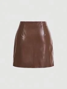 SHEIN ICON 纯色时尚开衩下摆 PU 皮革迷你裙 - 巧克力棕 - 查看 2