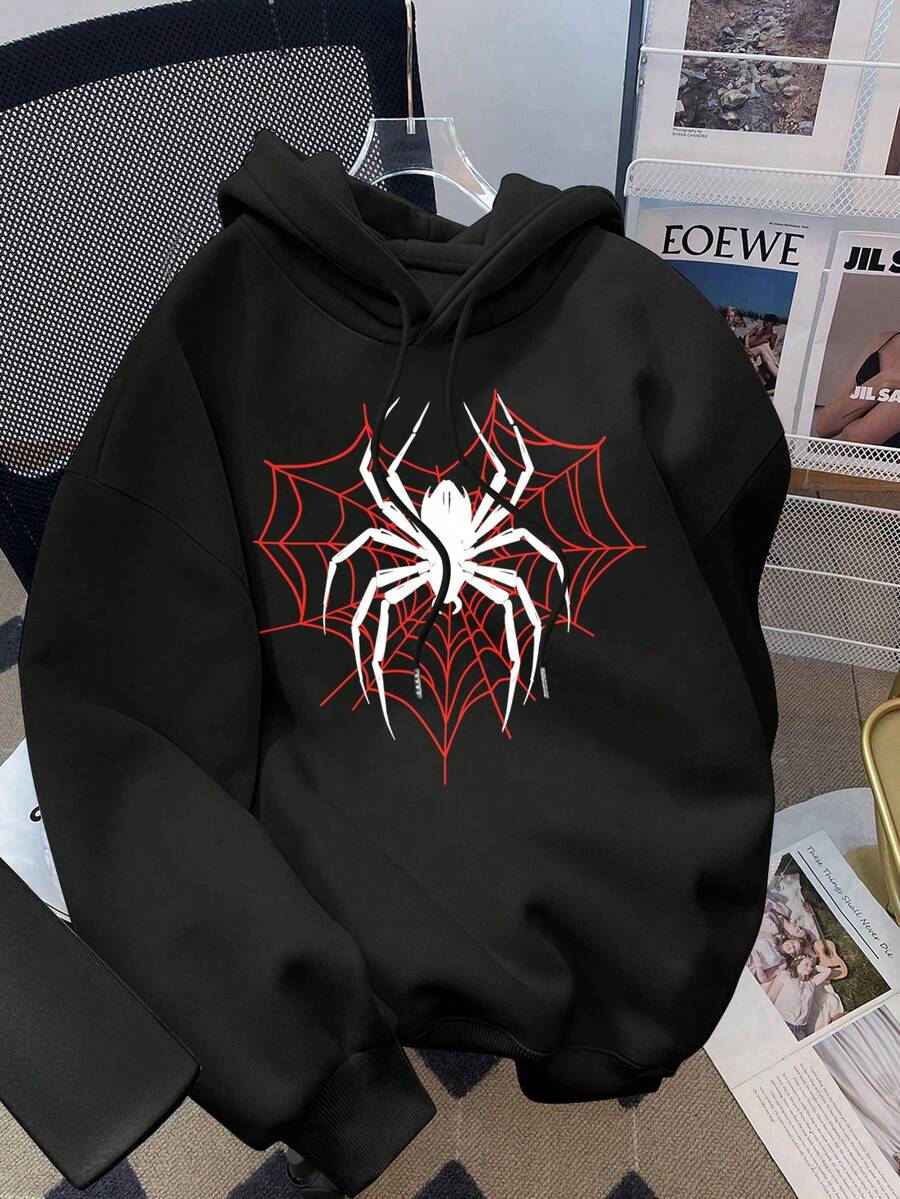 SHEIN EZwear 女款休閒寬鬆衛衣,極簡復古龐克 Y2K 百搭蜘蛛網黑紅印花圖案,適合夏季、派對、音樂節、哥德風、秋季穿著 - 黑色 - 查看 1