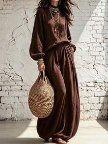Breezaya Fall Outfit 2 Pieces Set, Casual Boho, High Neck Long Sleeve Loose Top And Loose Lantern Pants, Outdoor Vacation Wear, Chocolate Brown - Brown - View 6