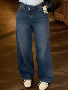 Dazy Plus Plus Size Women's Low Waist Asymmetrical Waistband Straight Leg Denim Jeans, Spring/Autumn New Style - Dark Wash - View 4