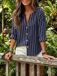 Holdful Holdful Women's Casual Striped Long Sleeve Shirt, Autumn - Navy Blue - View 4