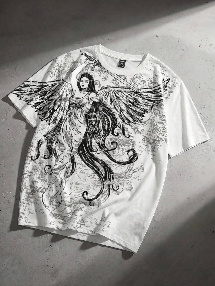 ROMWE MEN Goth Men's Printed Loose Fit Short Sleeve T-Shirt - White - View 1