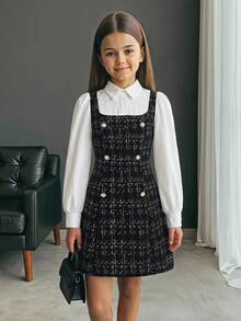 SHEIN Serisse Kids 青少年女孩秋冬休閒優雅針織拼接格紋雙排扣長袖二合一襯衫洋裝，復古學院風，適合返校與日常穿著 - 黑色 - 查看 4
