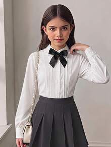 SHEIN Tween女孩女童襯衫，秋冬春夏休閒優雅百搭白色極簡修身長袖領口百褶襯衫，女童白色襯衫，返校季白色襯衫 - 白色 - 查看 6