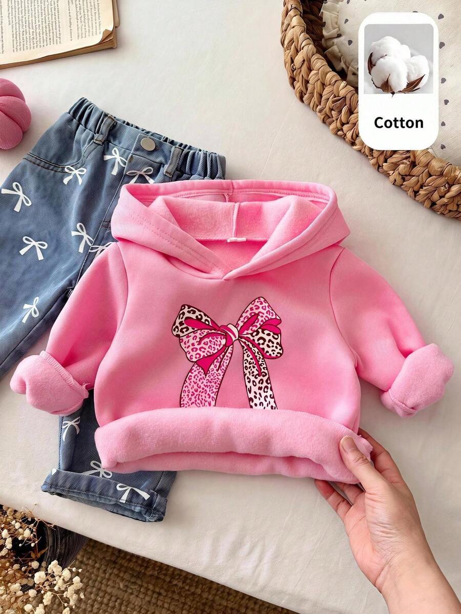 SHEIN 女嬰保暖內裡加厚蝴蝶結印花連帽寬鬆衛衣休閒百搭刺繡水洗直筒長褲套裝,適合秋冬冬季 - 彩色 - 查看 1