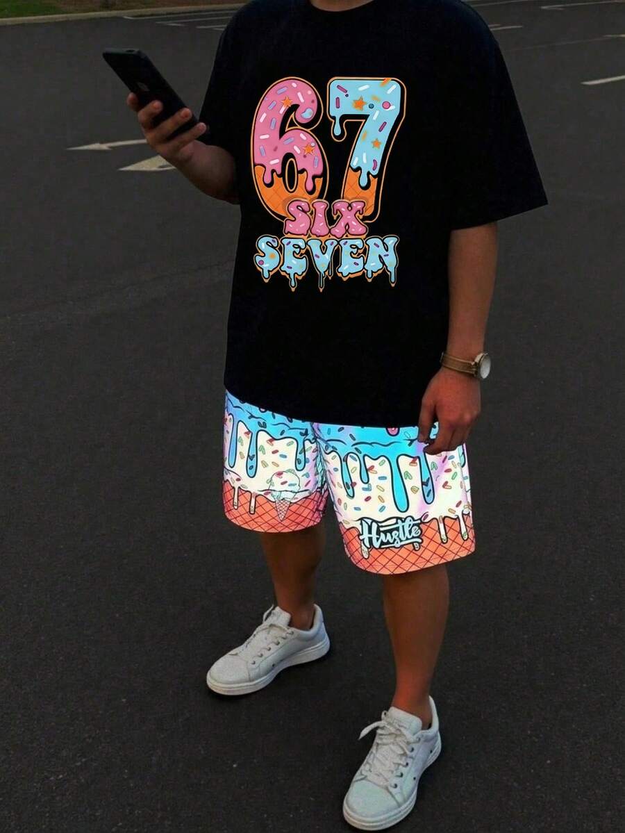兒童小男孩休閒簡約時尚酷感 67 數字圖案印花短袖圓領兩件套 夏季適用 - 彩色 - 查看 1