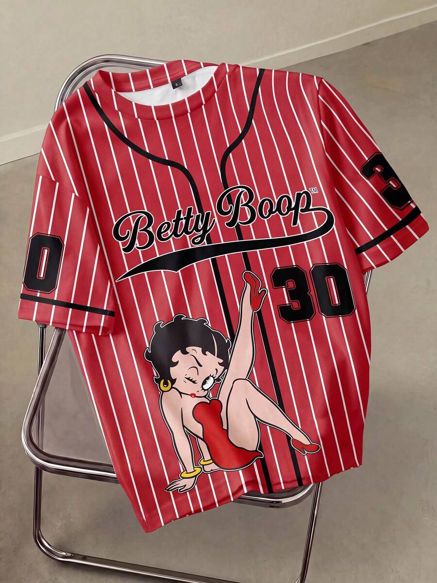Betty Boop x SHEIN 男士條紋字母卡通印花休閒日常短袖T恤 - 白色 - 查看 1