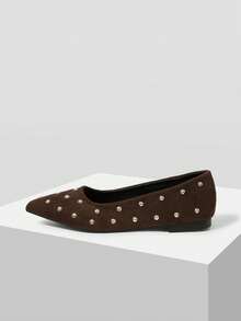 Mnmlis Suede Rivet Soft Bottom Versatile Commuter Pointed Flat Shoes - Coffee Brown - View 3