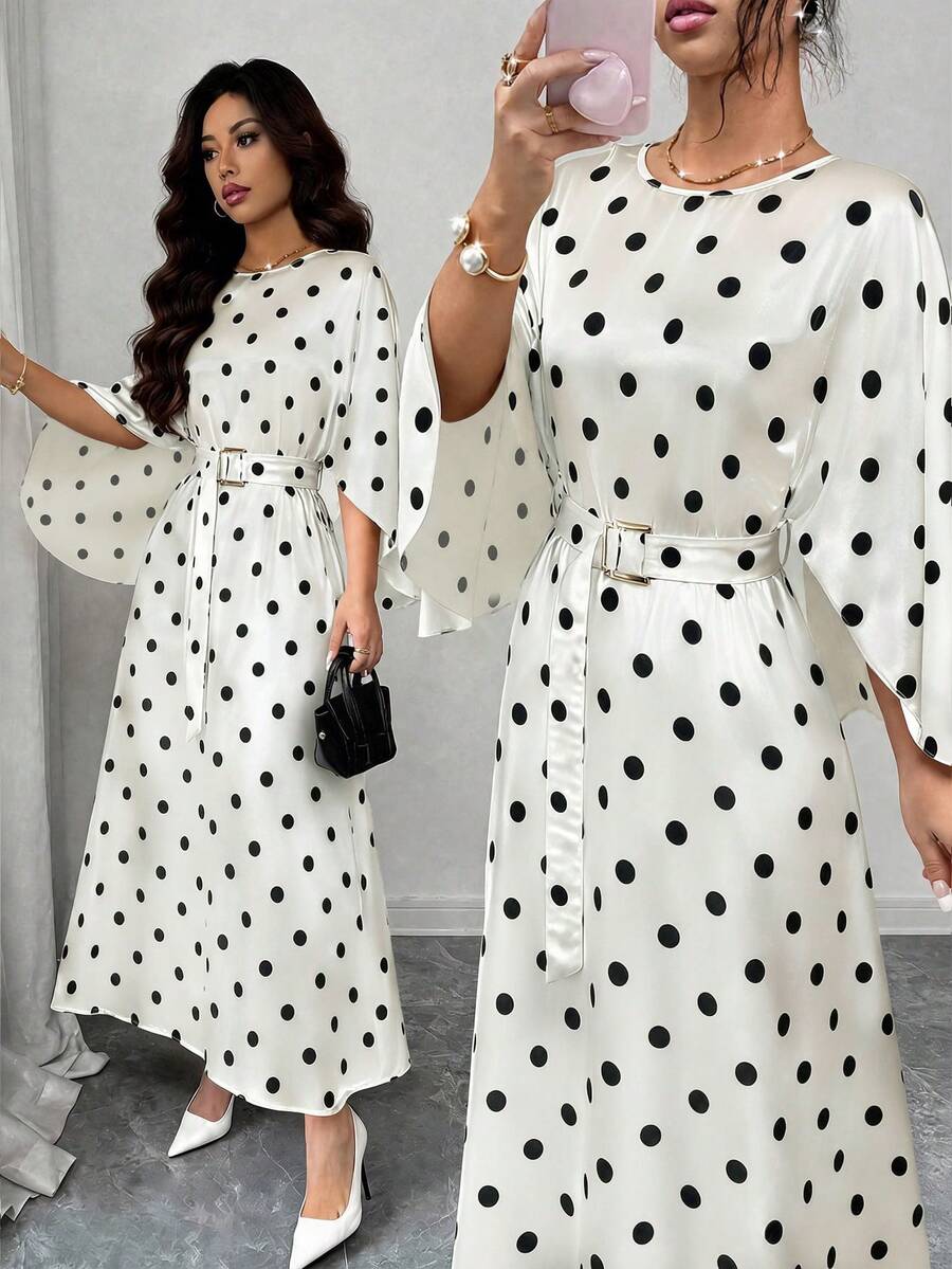 SHEIN Raffinéa Vestido largo elegante y casual para mujer, primavera/otoño, cuello redondo, hombros caídos, con cinturón, blanco con lunares negros, para ocasiones, citas y cumpleaños - Albaricoque - Ver 1
